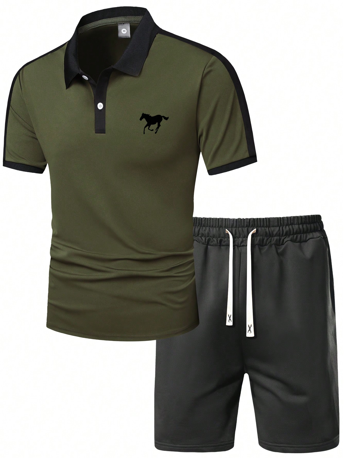 Мужская летняя новая футболка с короткими рукавами и шортами с рыцарским принтом с цветовыми блоками, армейский зеленый