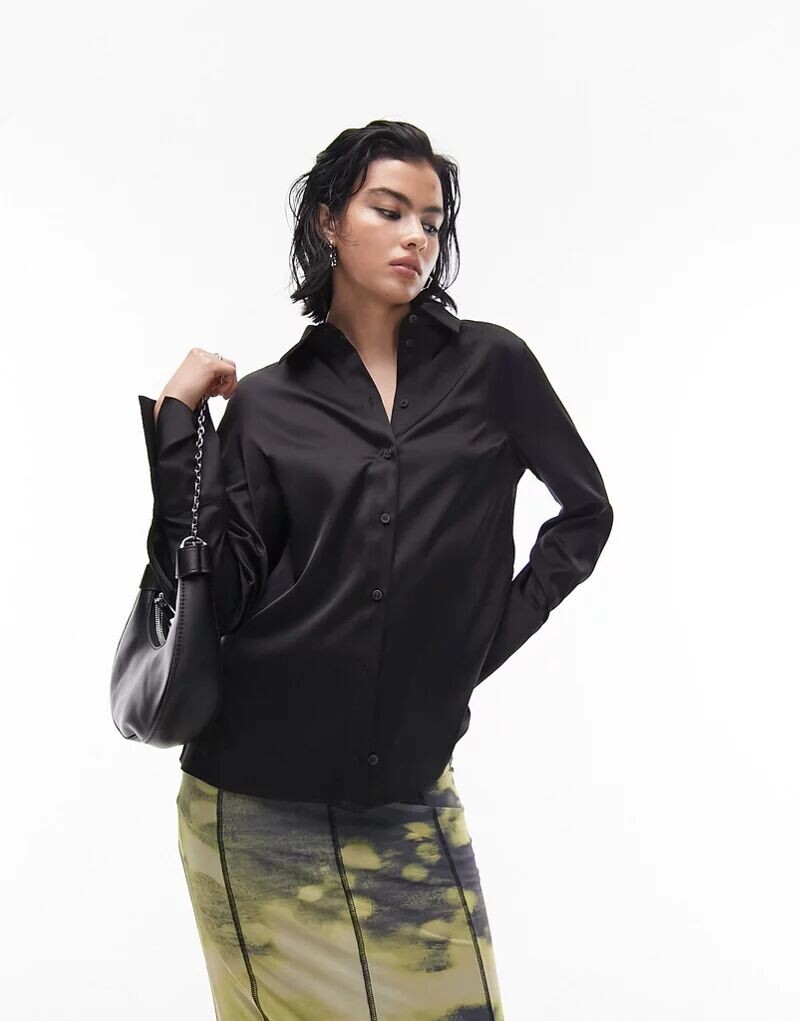 

Черная узкая атласная рубашка Topshop