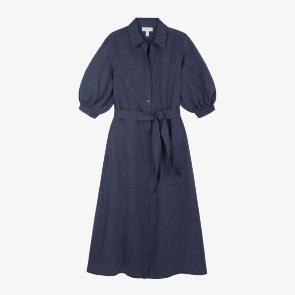 

Льняное платье-рубашка макси с поясом The White Company, индиго