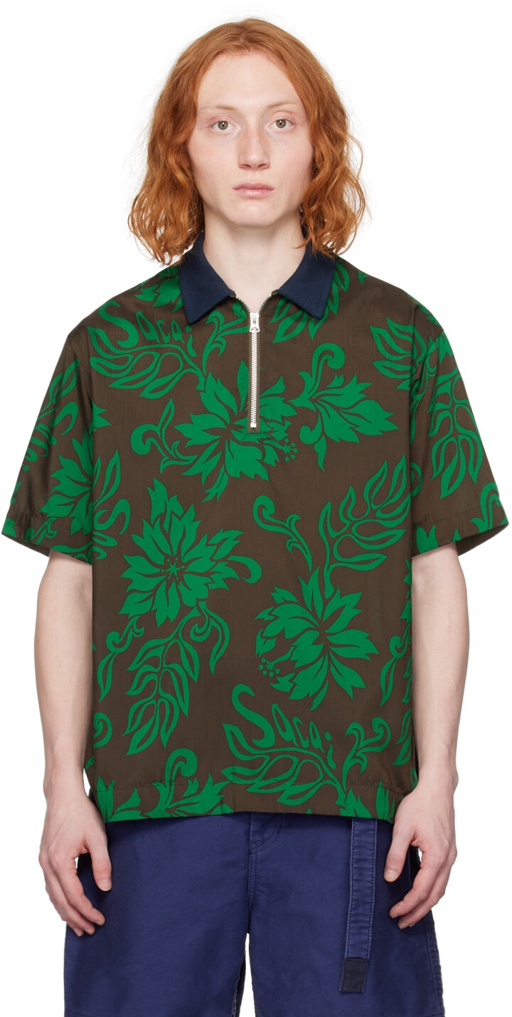 

Зелено-коричневая рубашка с цветочным принтом Sacai, цвет Green