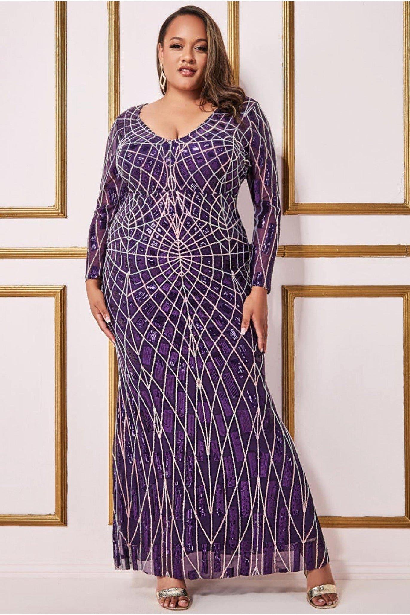 Платье макси с длинными рукавами и пайетками Plus Geo Goddiva, фиолетовый женское винтажное платье макси с v образным вырезом и открытой спиной
