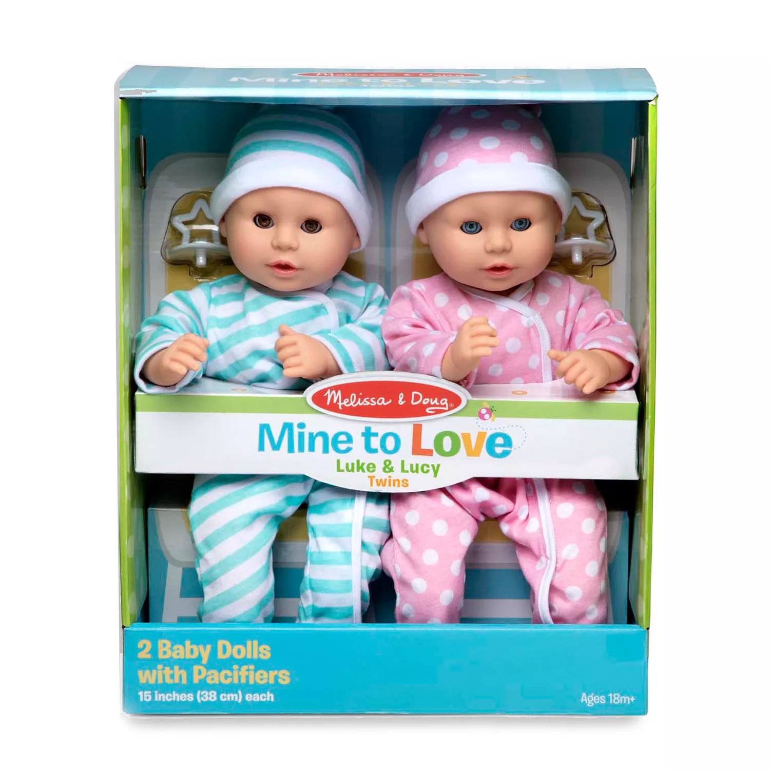 Куклы Melissa & Doug Mine to Love Twins Luke и Lucy, 15 дюймов, для мальчиков и девочек, в комбинезонах, шапочках и сосках Melissa & Doug