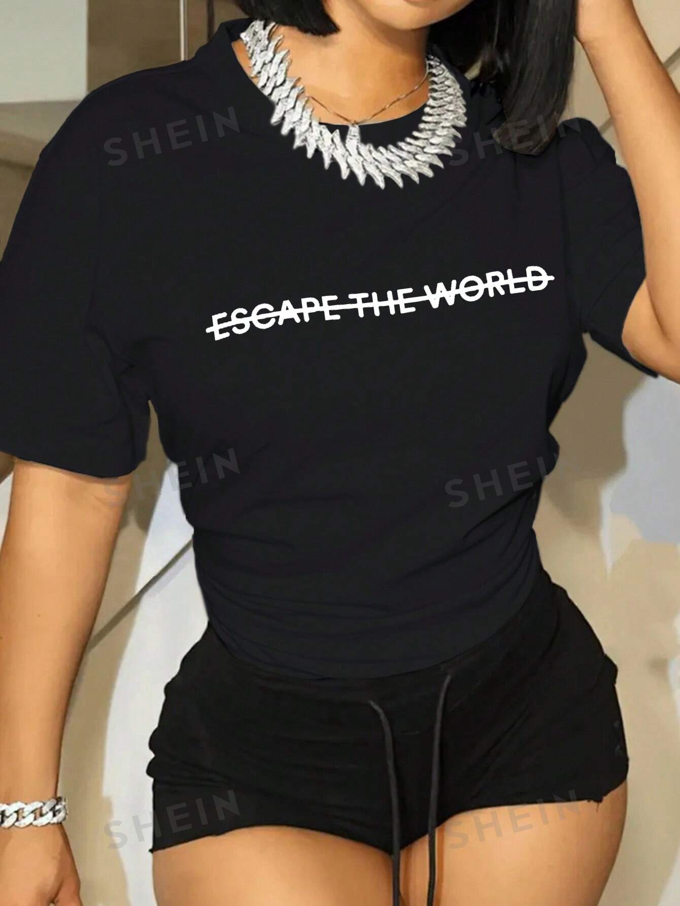SHEIN Slayr Женская футболка с короткими рукавами, черный shein slayr женская футболка с круглым вырезом и принтом слогана бежевый