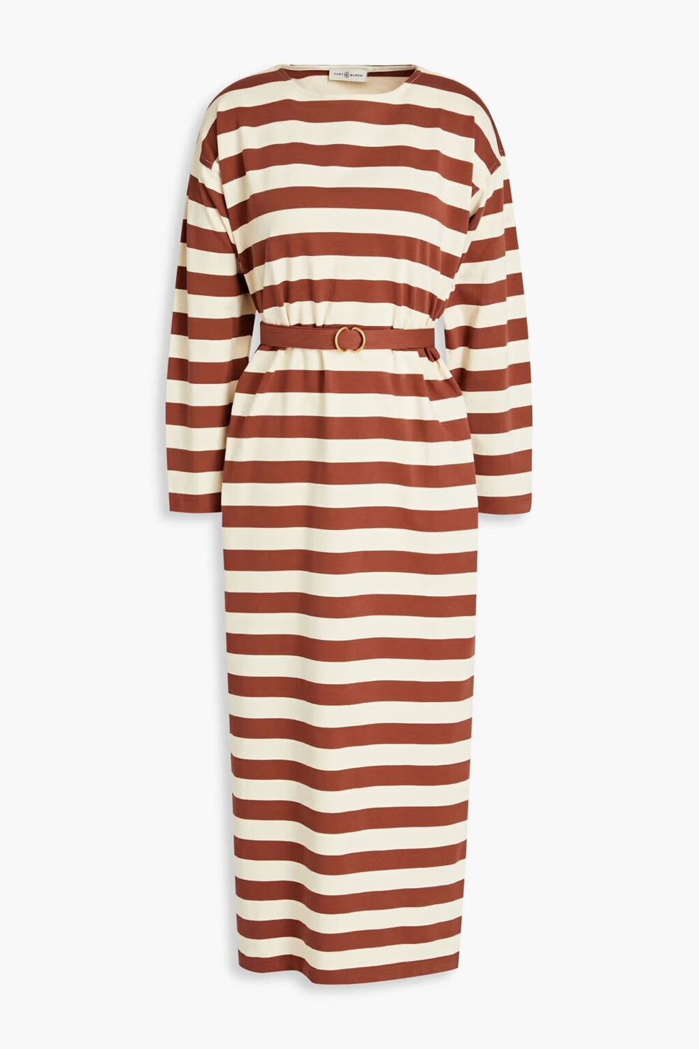 

Платье миди из хлопкового джерси в полоску с поясом Tory Burch, коричневый