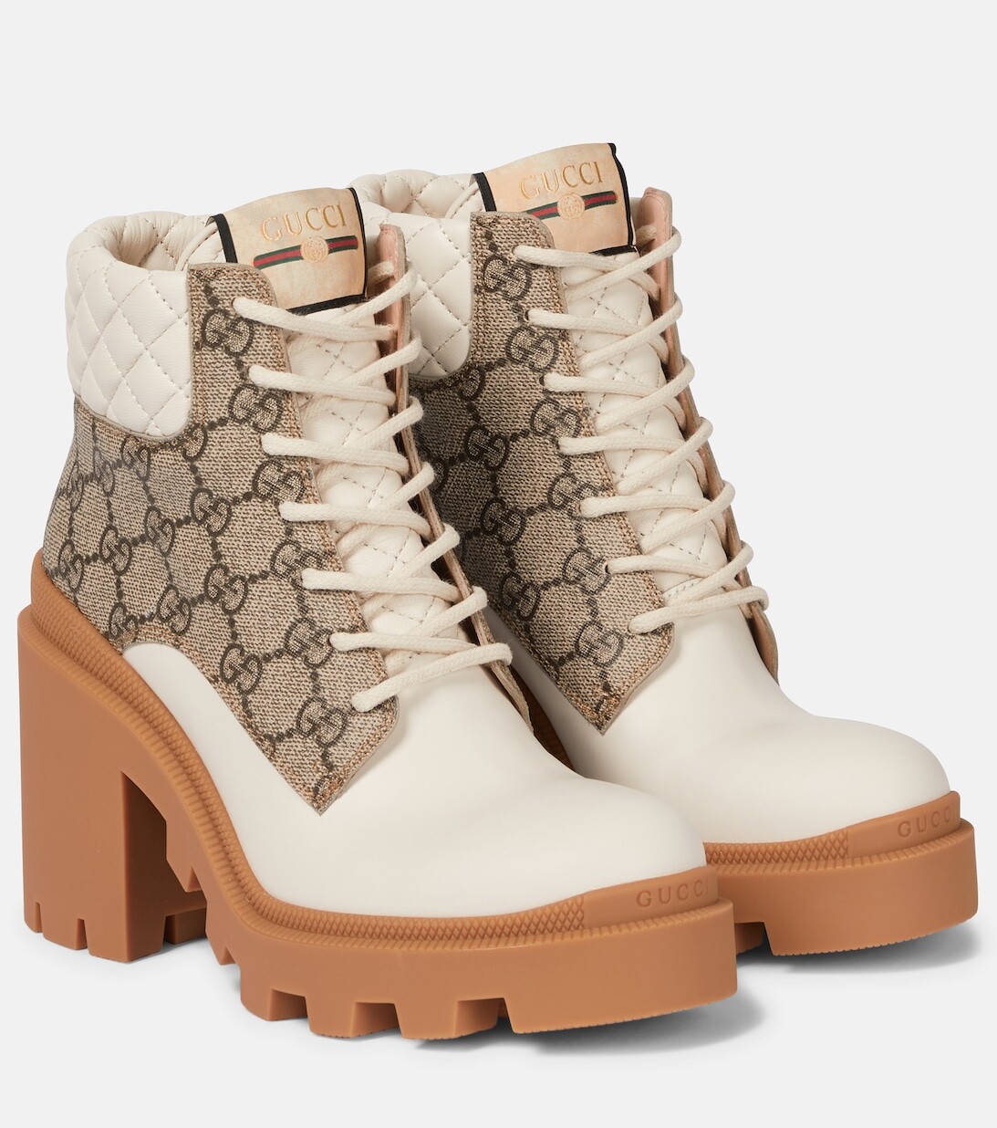 

Ботинки на шнуровке из ткани и кожи с узором GG Gucci, бежевый
