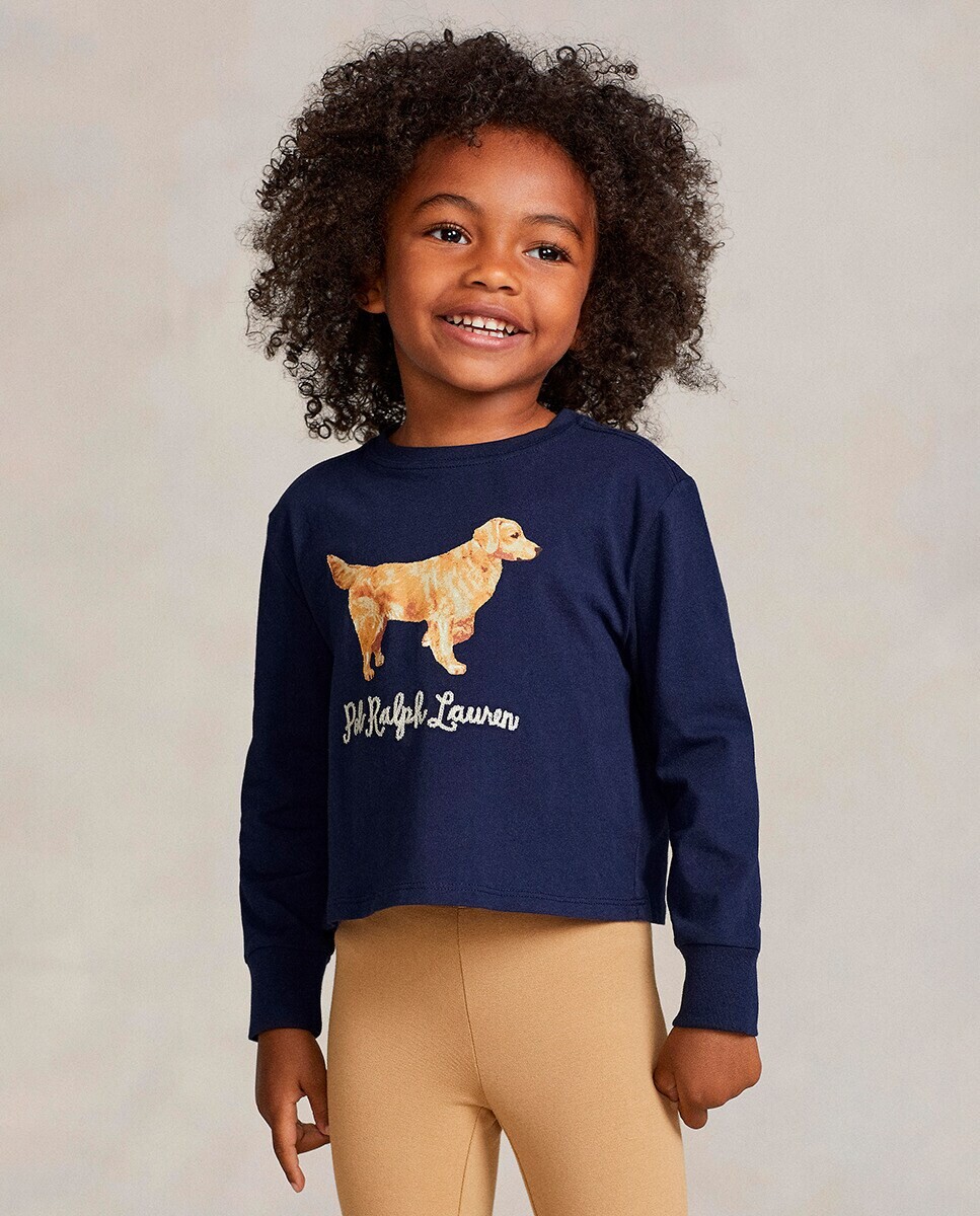 

Хлопковая футболка для девочки с собачкой Polo Ralph Lauren, темно-синий