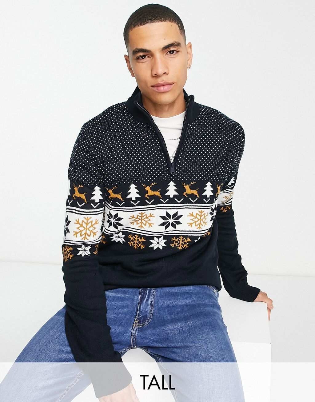 

Темно-синий рождественский джемпер с молнией 1/4 Threadbare Tall Fairisle