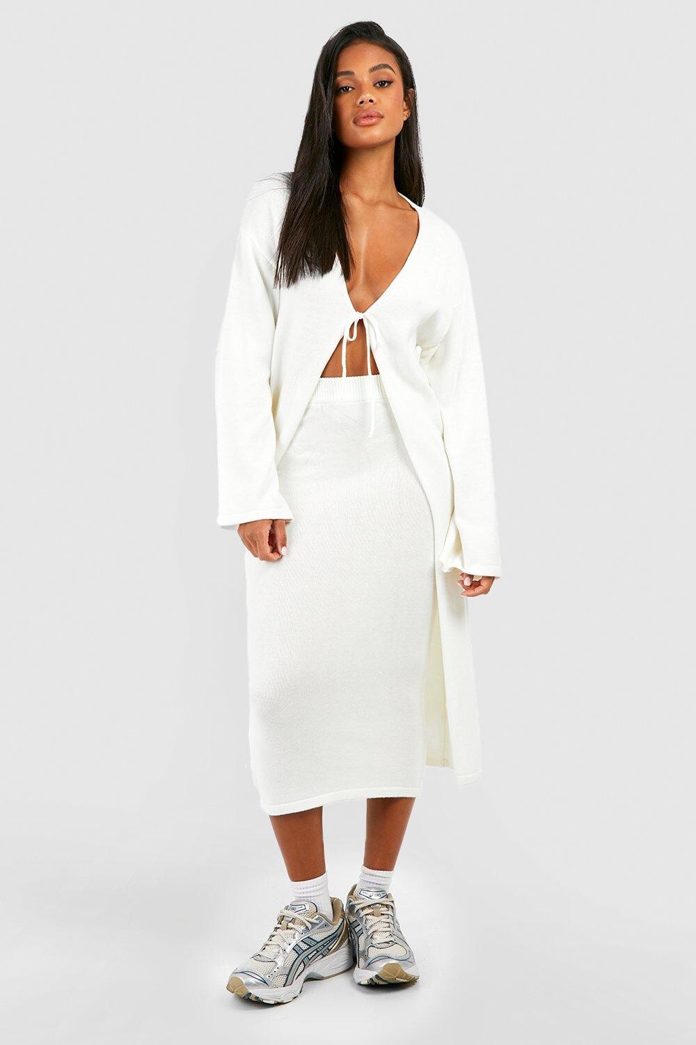 

Длинный кардиган и макси-юбка на шнуровке трикотажный комплект Boohoo, экру