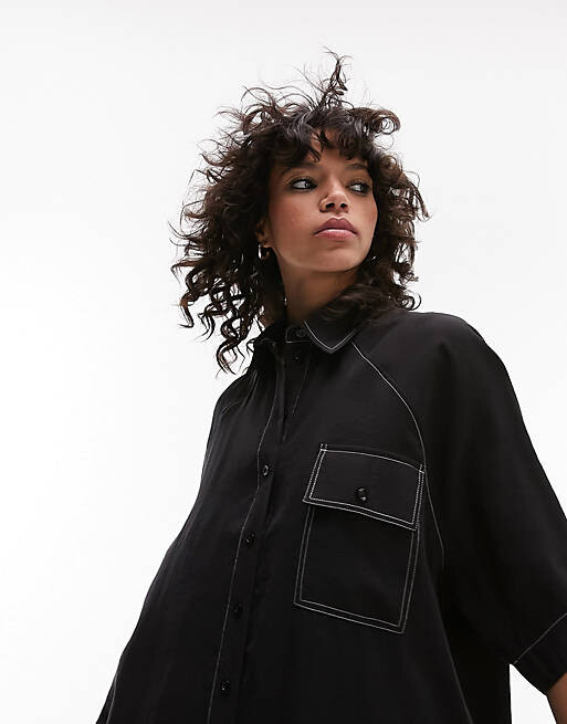 

Черное платье-рубашка оверсайз с отстрочкой Topshop