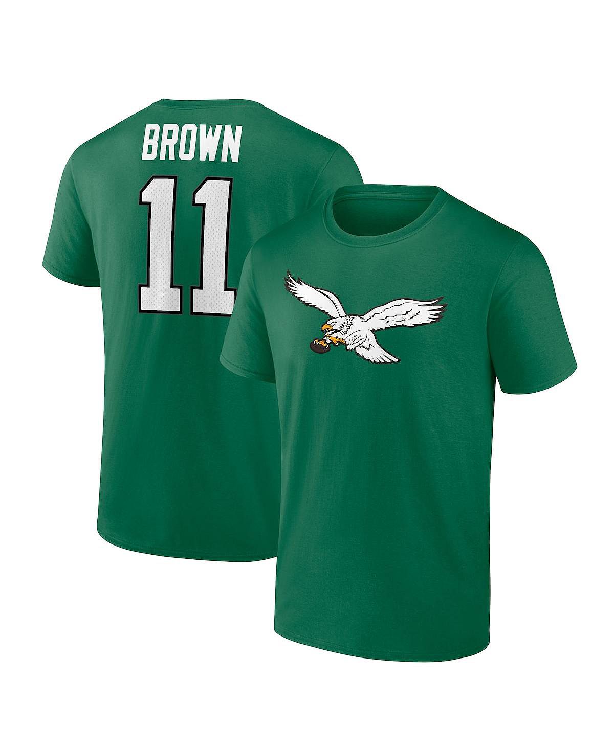 Мужская брендовая одежда A.J. Коричневая футболка Kelly Green Philadelphia Eagles со значком игрока, именем и номером Fanatics