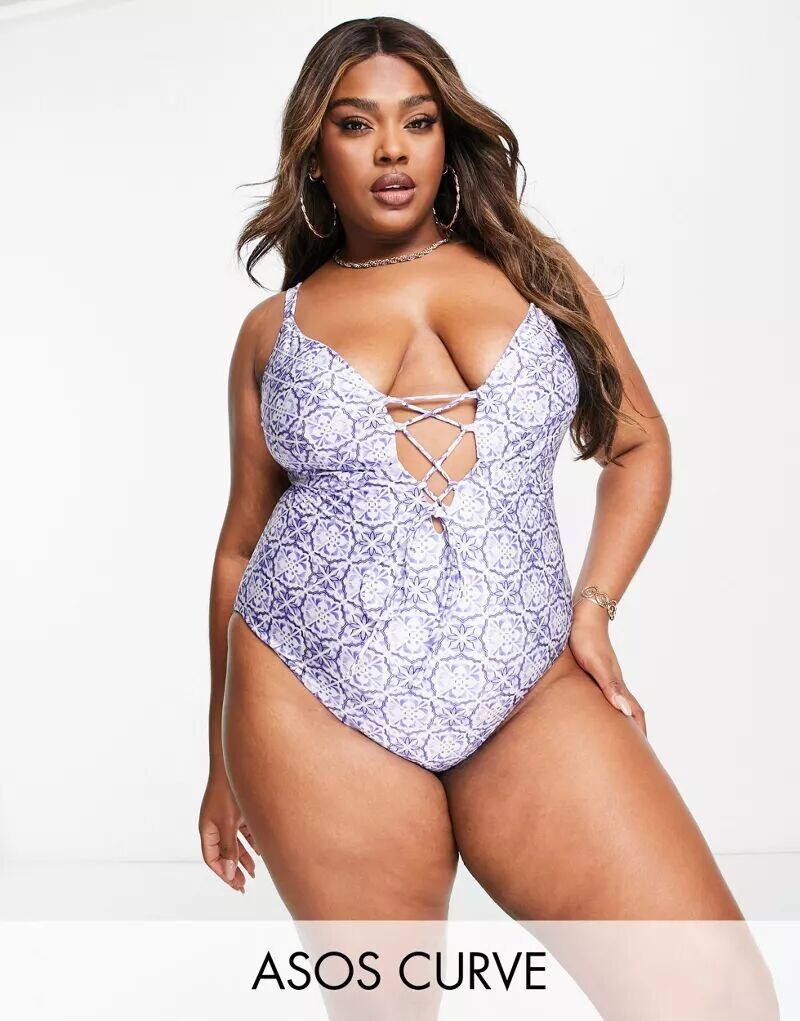 

Синий купальник со шнуровкой спереди ASOS DESIGN Curve