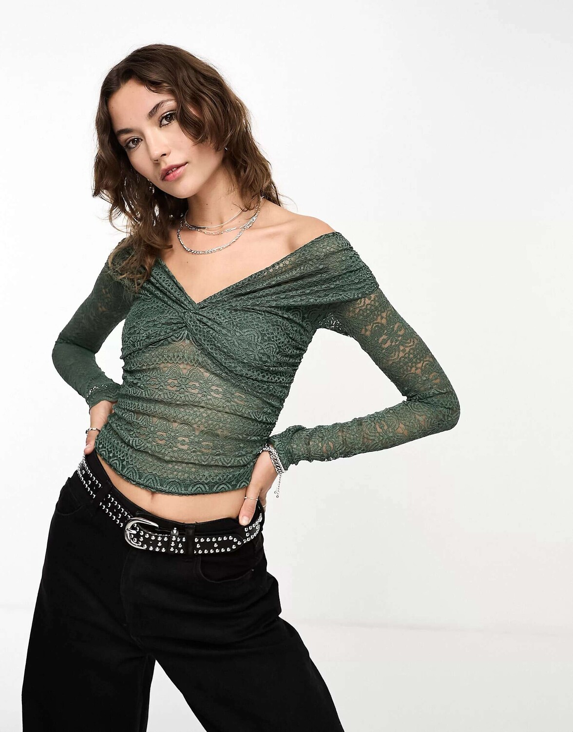 

Сосново-зеленый кружевной топ с длинными рукавами Free People