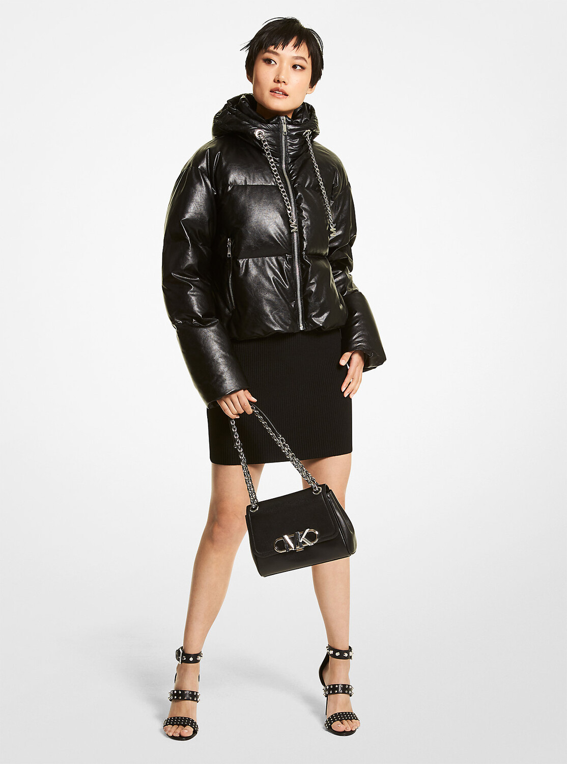 

Стеганая куртка-пуховик из искусственной кожи Michael Kors, черный