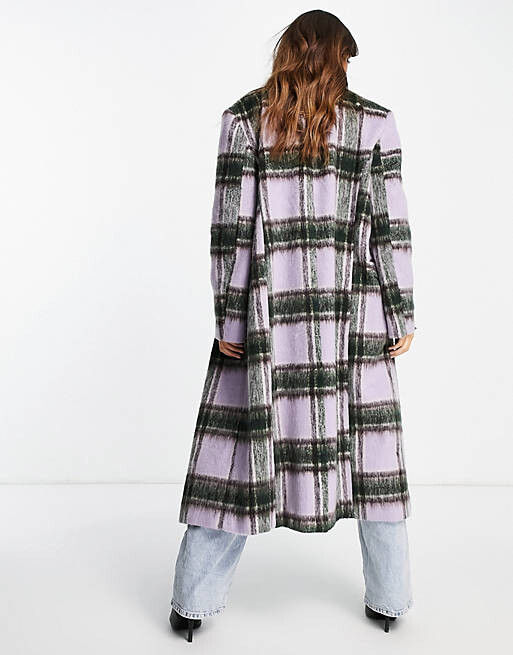 

Сиреневое длинное двубортное пальто в клетку Topshop, Фиолетовый
