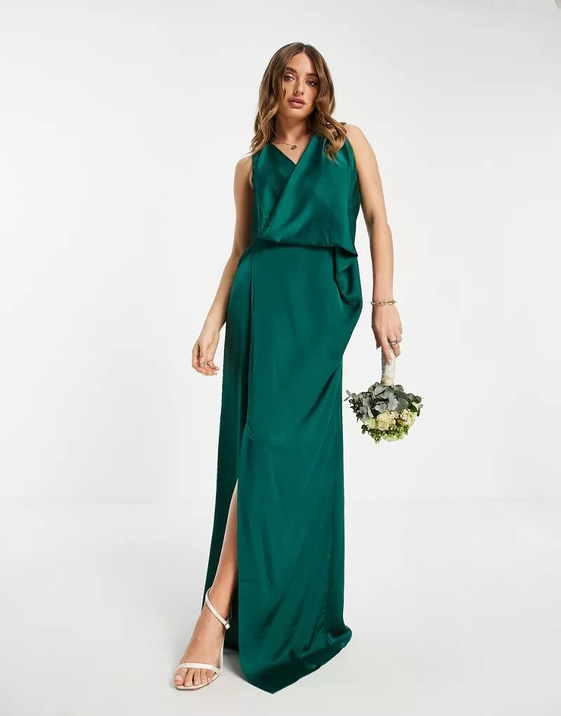 Изумрудно-зеленое атласное платье макси с запахом TFNC