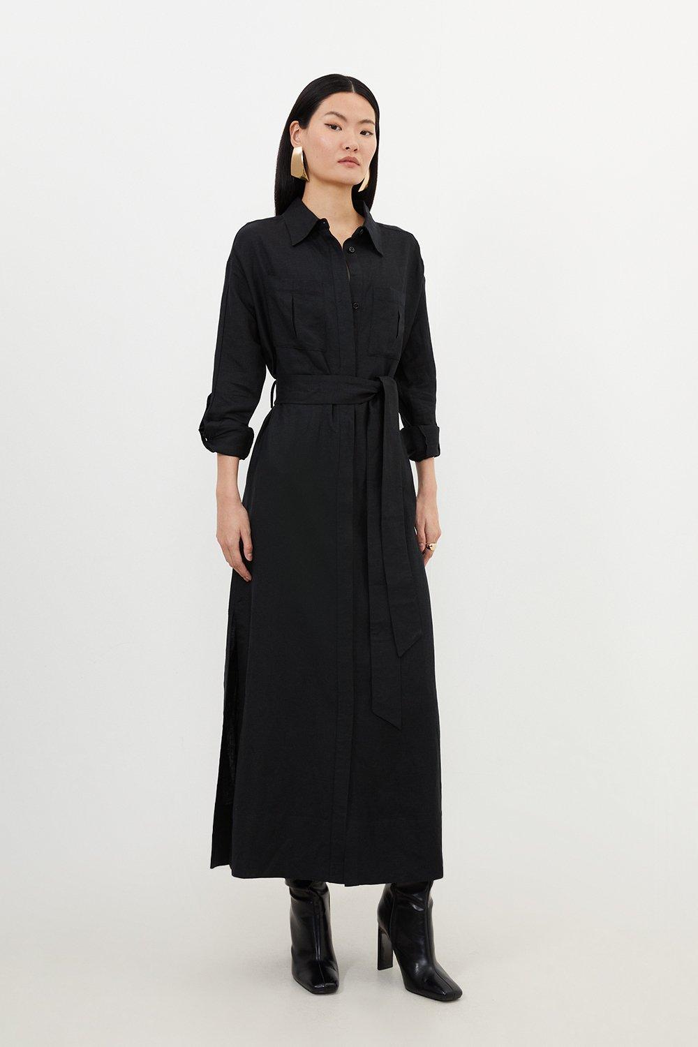 Платье-рубашка макси с завязками из вискозно-льняной ткани Karen Millen, черный