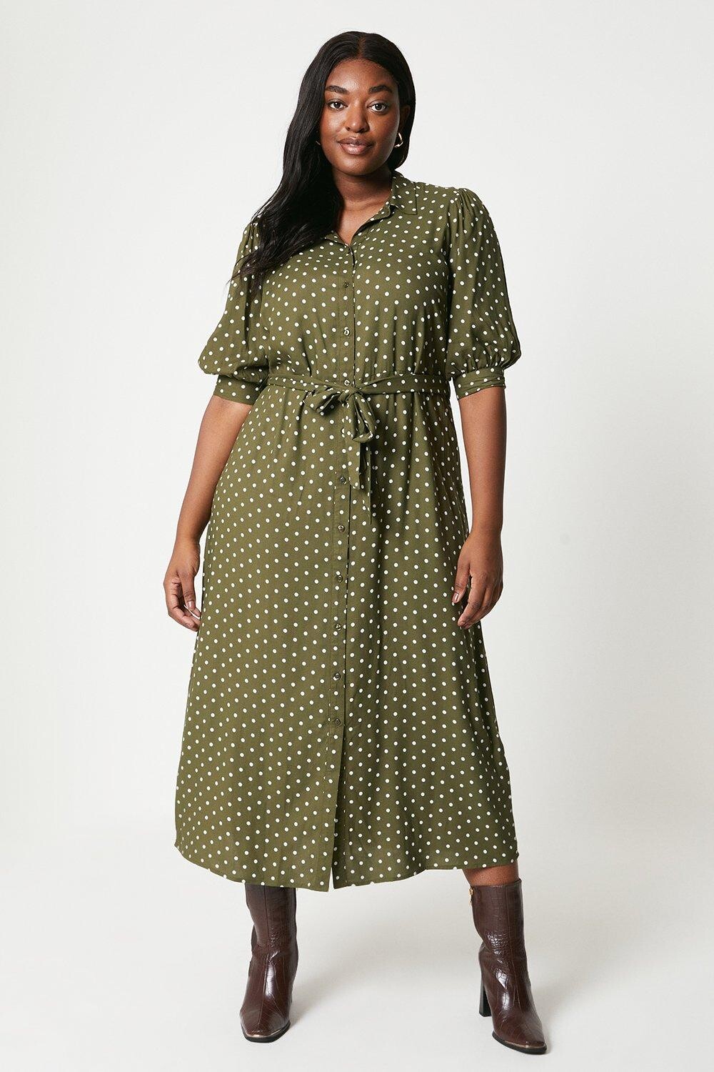 

Зеленое платье-рубашка в горошек Curve с короткими рукавами Dorothy Perkins, зеленый