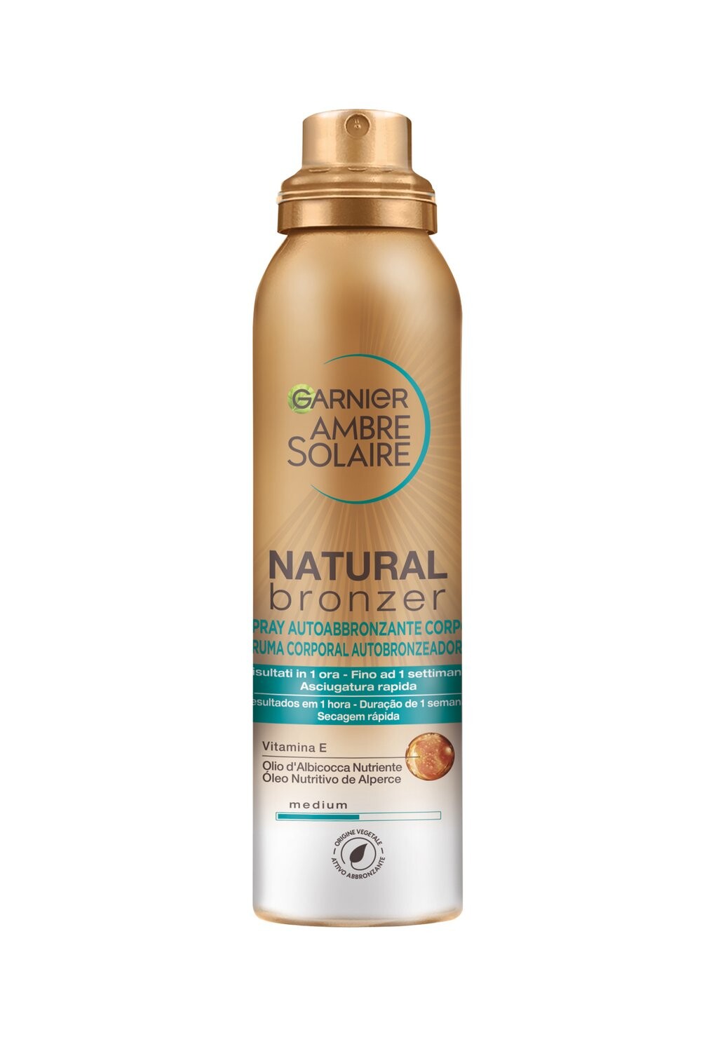 

Автозагар AMBRE SOLAIRE NATURAL BRONZER, SPRAY AUTOABBRONZANTE, ARRICCHITO CON VITAMINA E PURA E OLIO D'ALBICOCCA NUTRIENTE 150 ML Garnier, прозрачный
