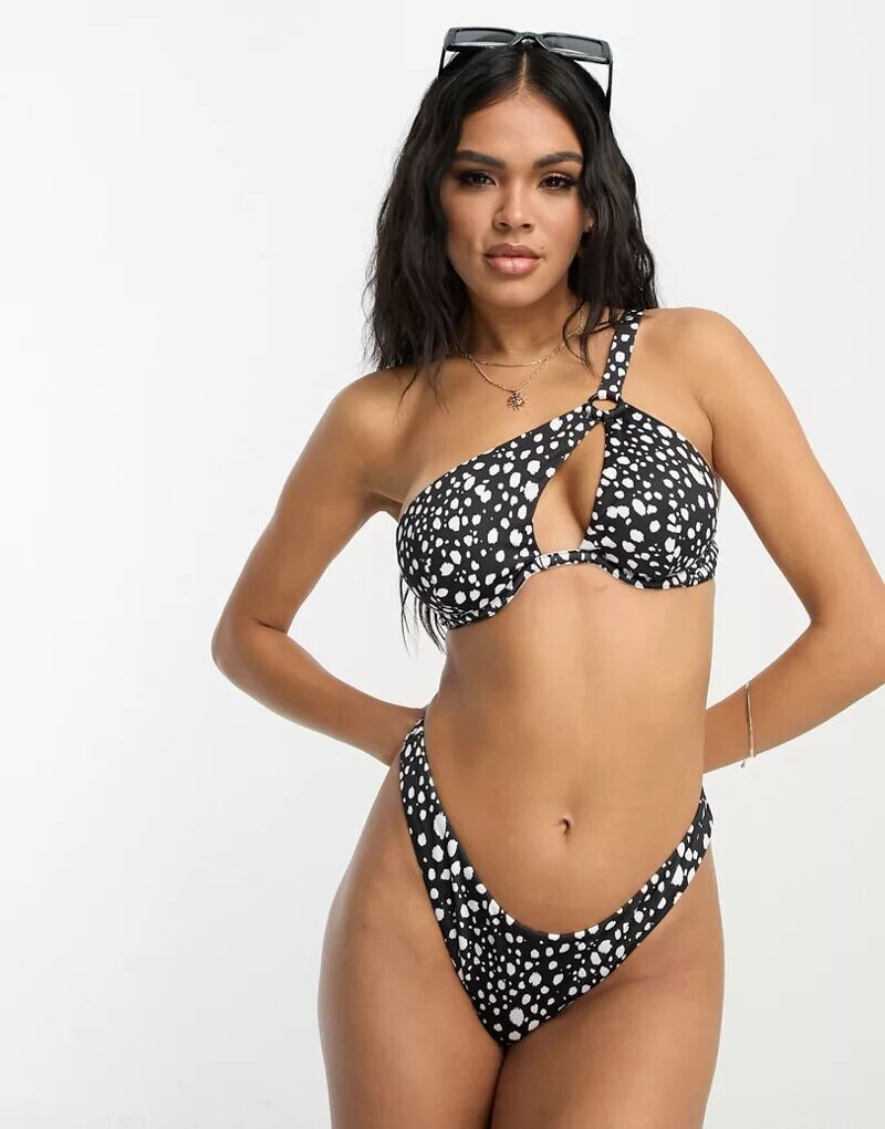 

Комбинированный верх бикини ASOS Design в черно-белый горошек с гибкой косточкой и одним ремнем на плечо
