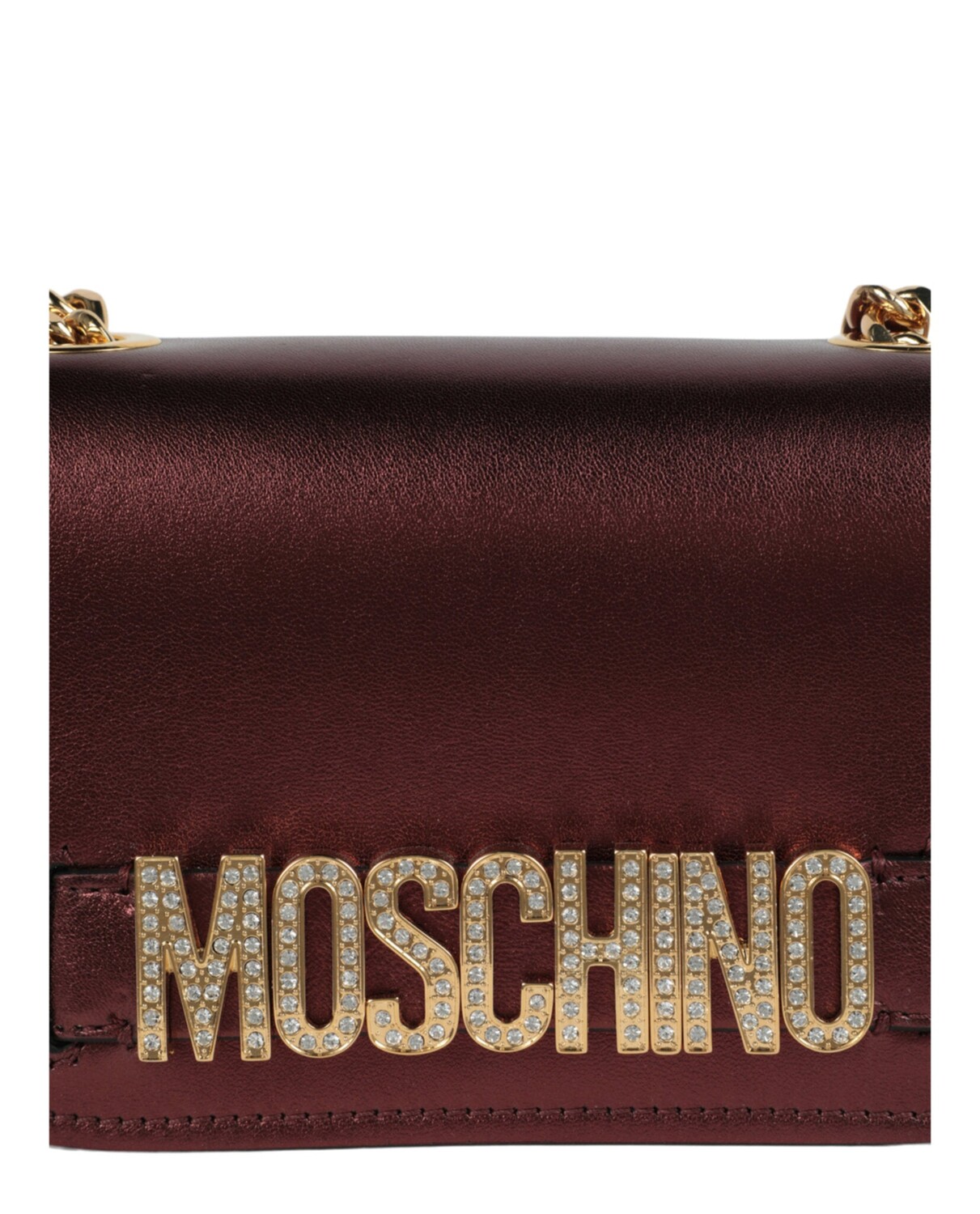 

Кожаная сумка через плечо металлик с кристаллами и логотипом Moschino, цвет Fantasy Print Violet