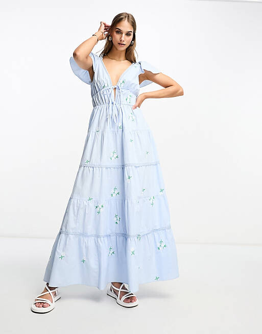 

Платье миди синего цвета с кружевной вставкой и вышивкой ASOS DESIGN
