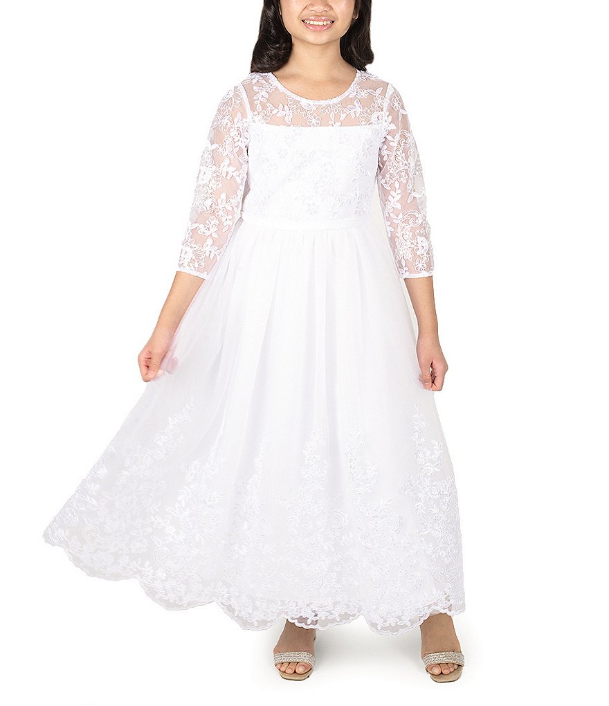 Бальное платье из сетчатой ​​ткани, украшенное пайетками и вышивкой, с рукавами 3/4 Rare Editions для больших девочек 7–16 лет, белый косплей золушка белоснежно белое бальное платье из сетчатой ткани для девочек