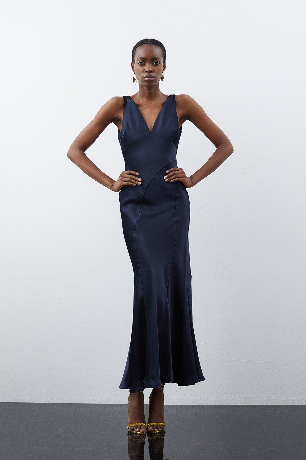 цена Атласное платье миди премиум-класса с водопадом Karen Millen, темно-синий