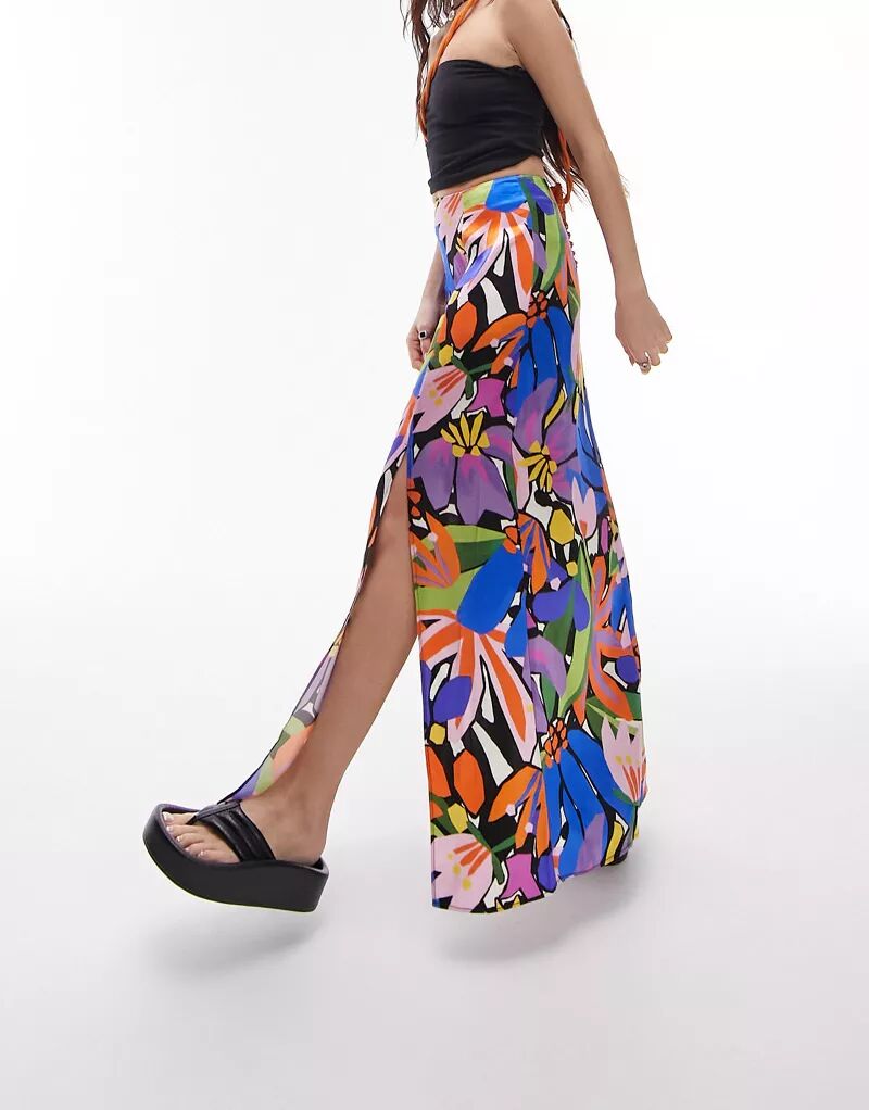 Разноцветная юбка макси с принтом и двойными разрезами Topshop
