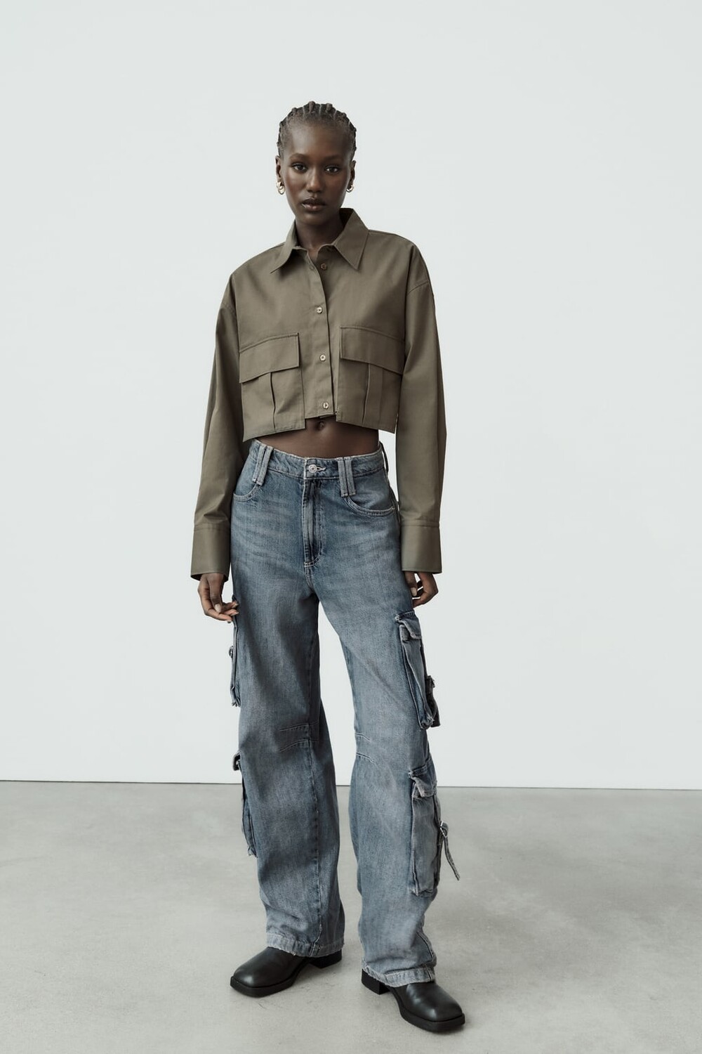 

Укороченная рубашка из габардина ZARA, хаки