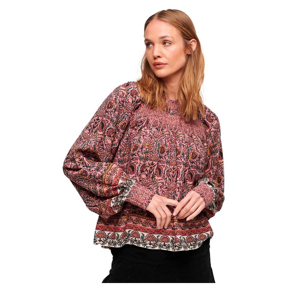 цена Футболка Superdry Printed Smock Long Sleeve Round Neck, розовый