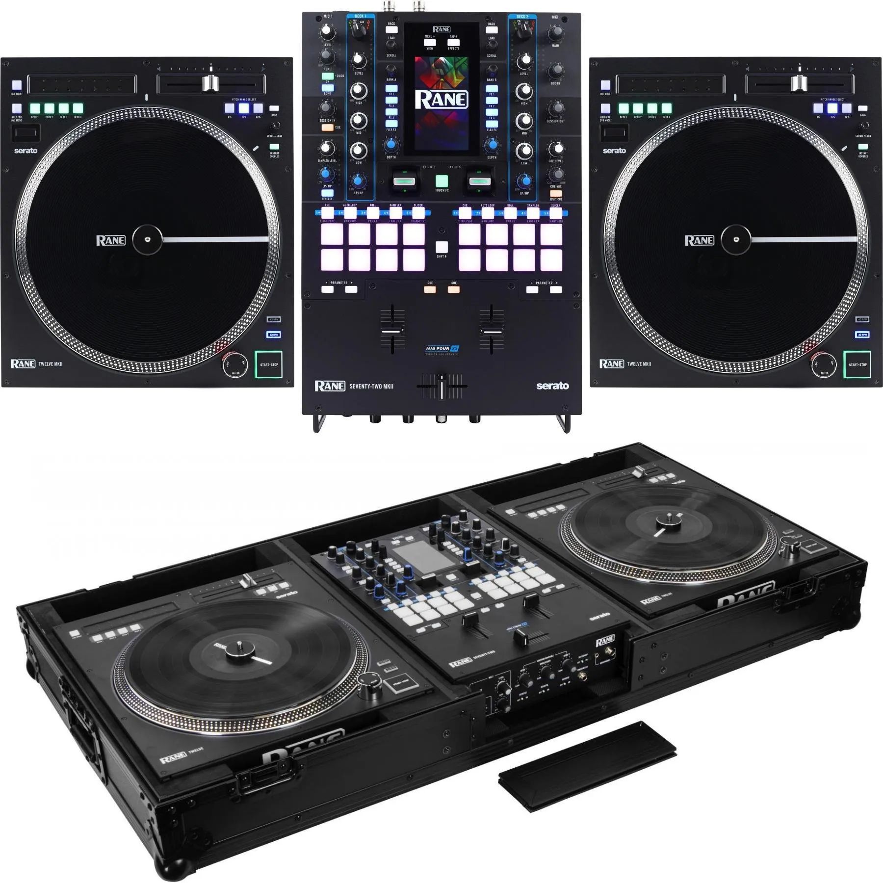 

2-канальный DJ-микшер Rane Seventy-Two MKII и контроллер проигрывателя Dual Twelve MKII в футляре-гробу