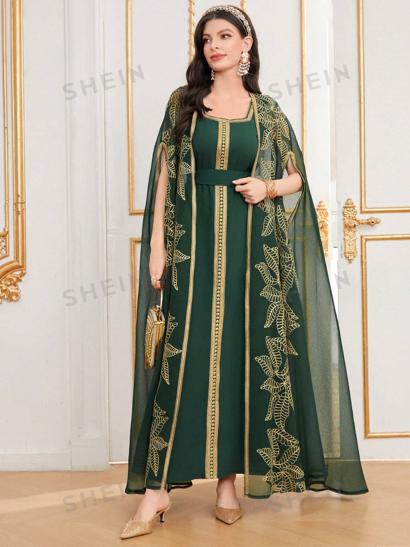 SHEIN Najma Ramadan женский комплект из двух предметов с вышитыми рукавами-накидкой и платьем без рукавов, темно-зеленый