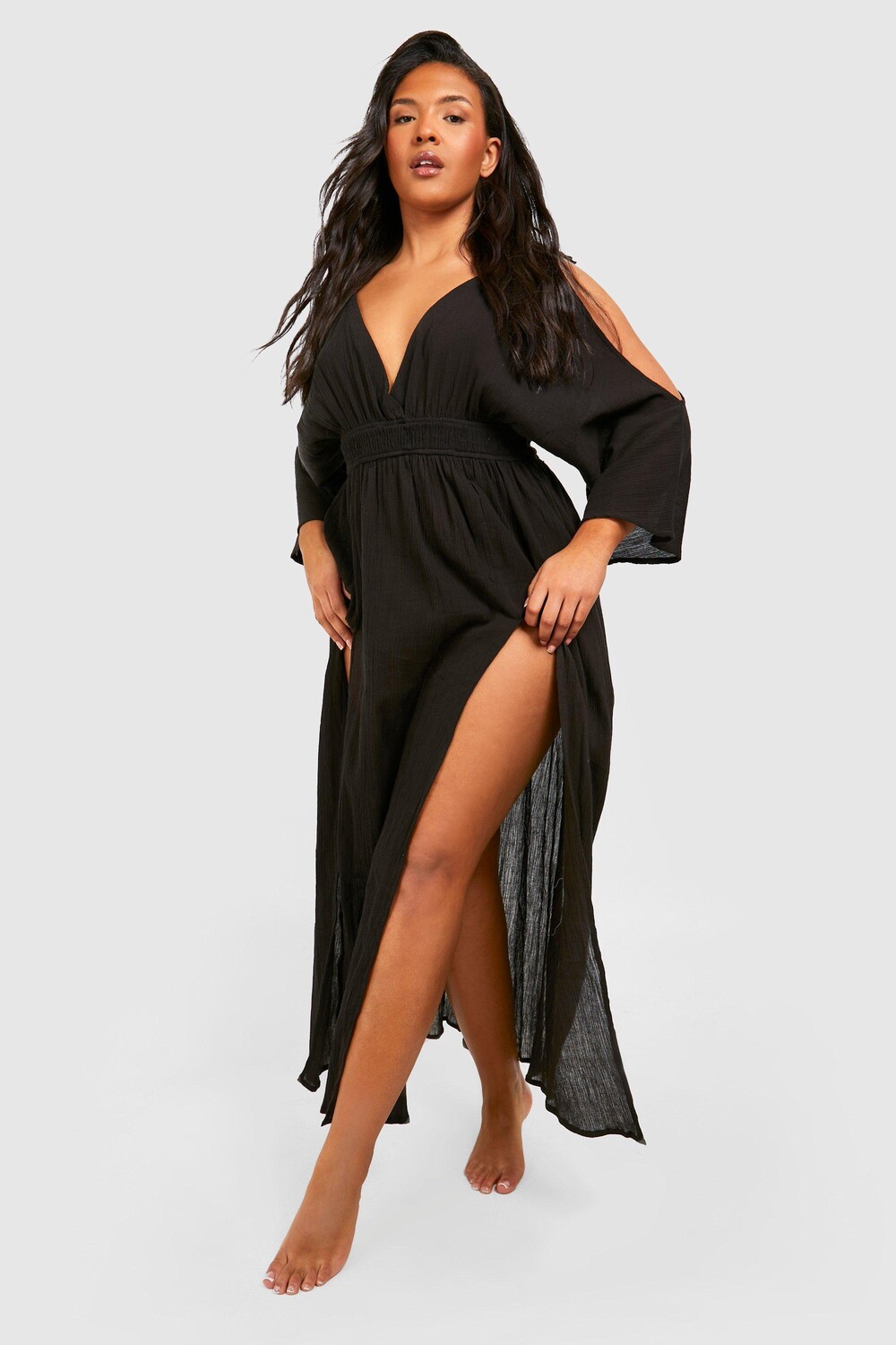 

Пляжное платье макси с холодными плечами из марли Boohoo, черный