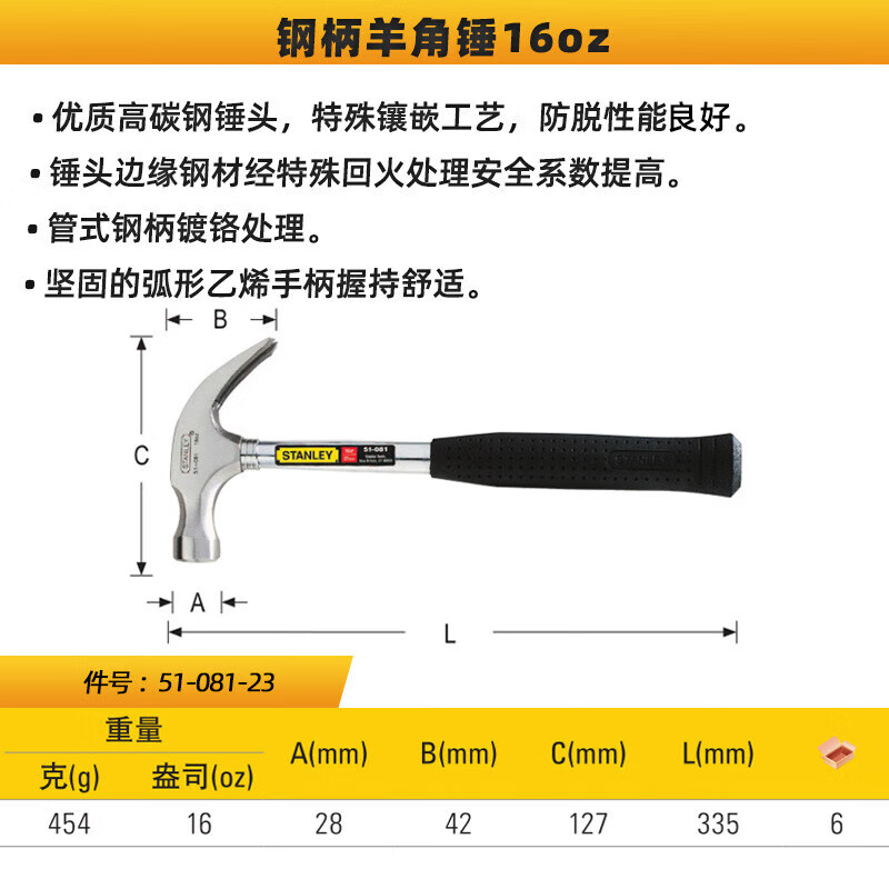 Stanley стальная ручка молоток-гвоздодер бытовой многофункциональный железный молоток деревообрабатывающий молоток для ногтей железный молоток 16 унций 51-081-23