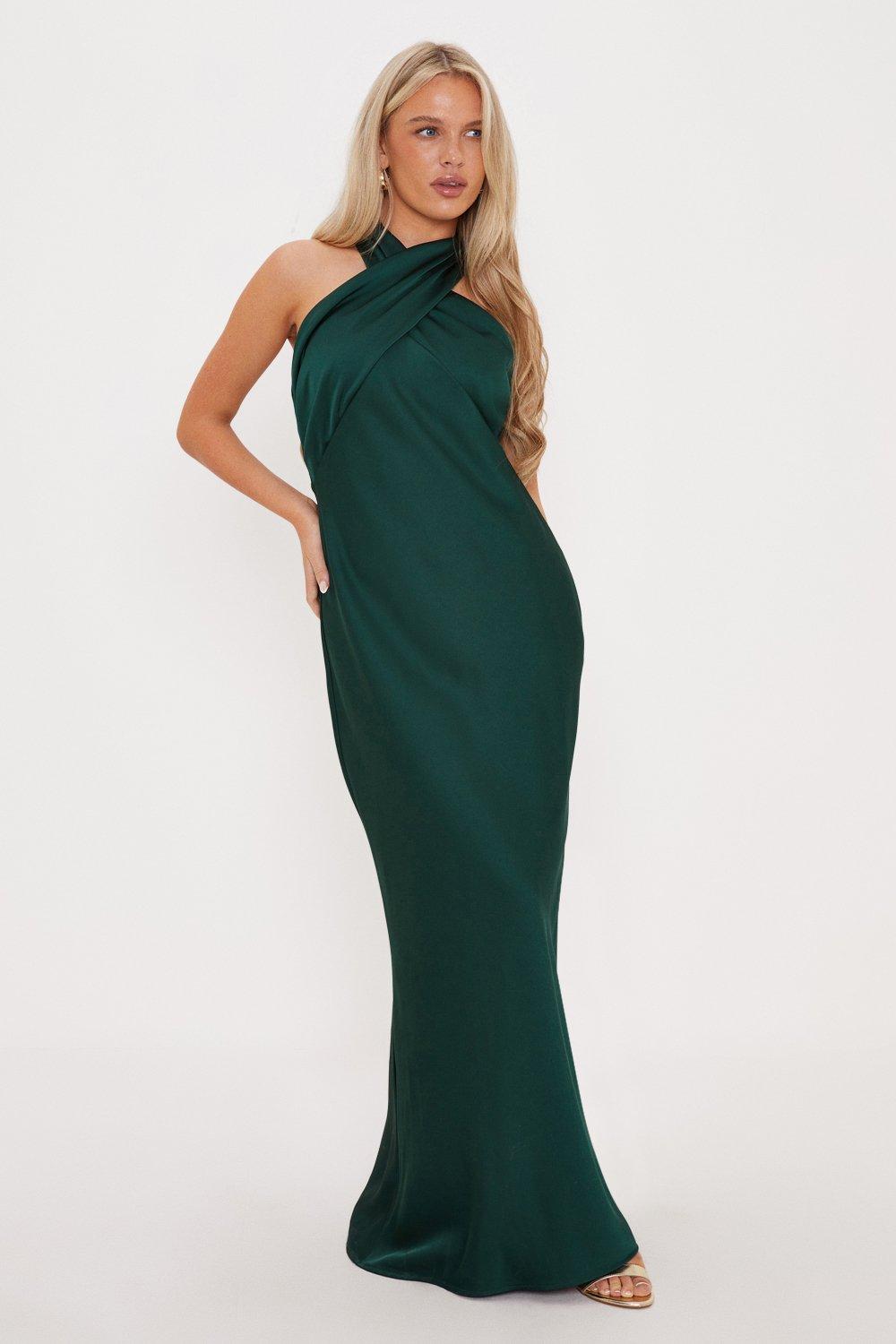 Миниатюрное атласное платье макси с закрученным вырезом и бретелькой на шее Oasis, зеленый миниатюрное атласное платье миди с вырезом через шею и бретелькой oasis зеленый