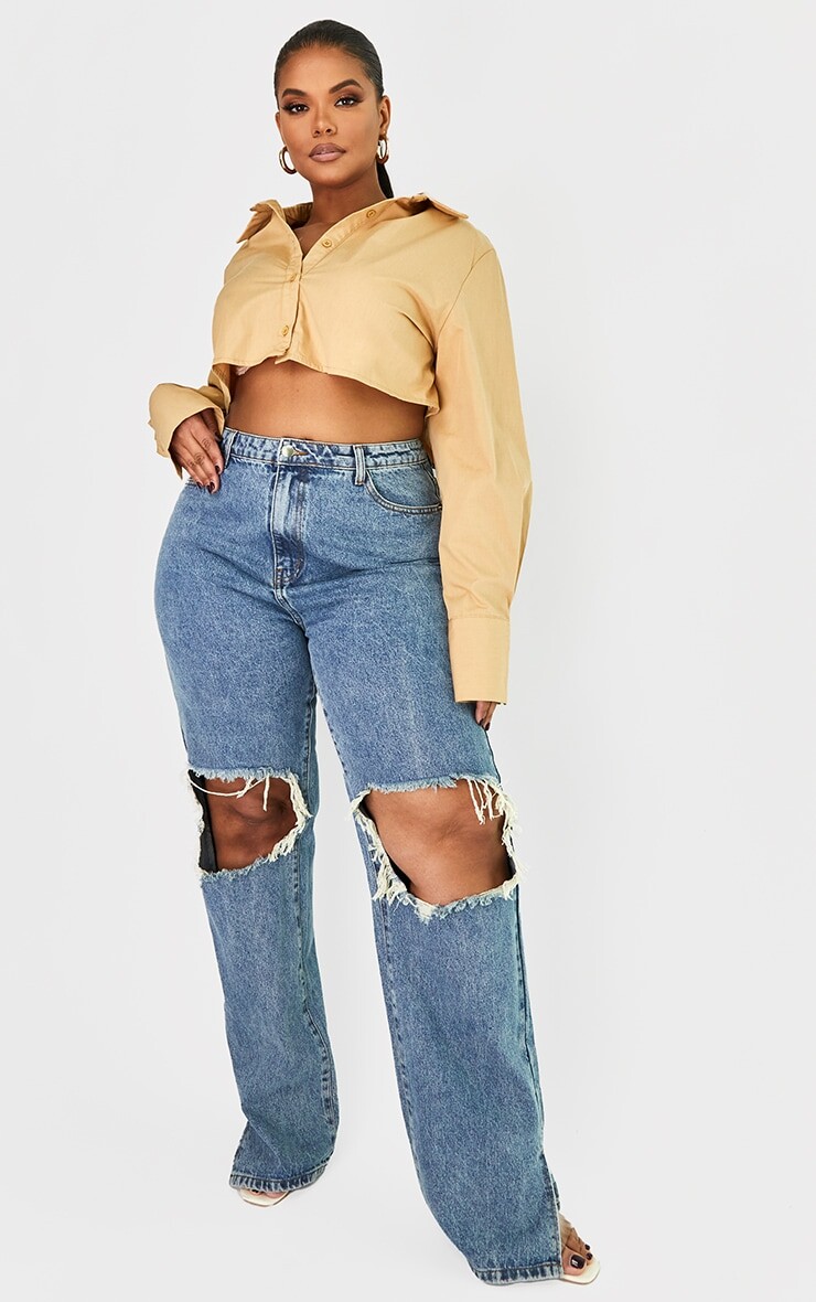 

PrettyLittleThing Джинсы Plus Vintage с рваными краями и разрезом на коленях