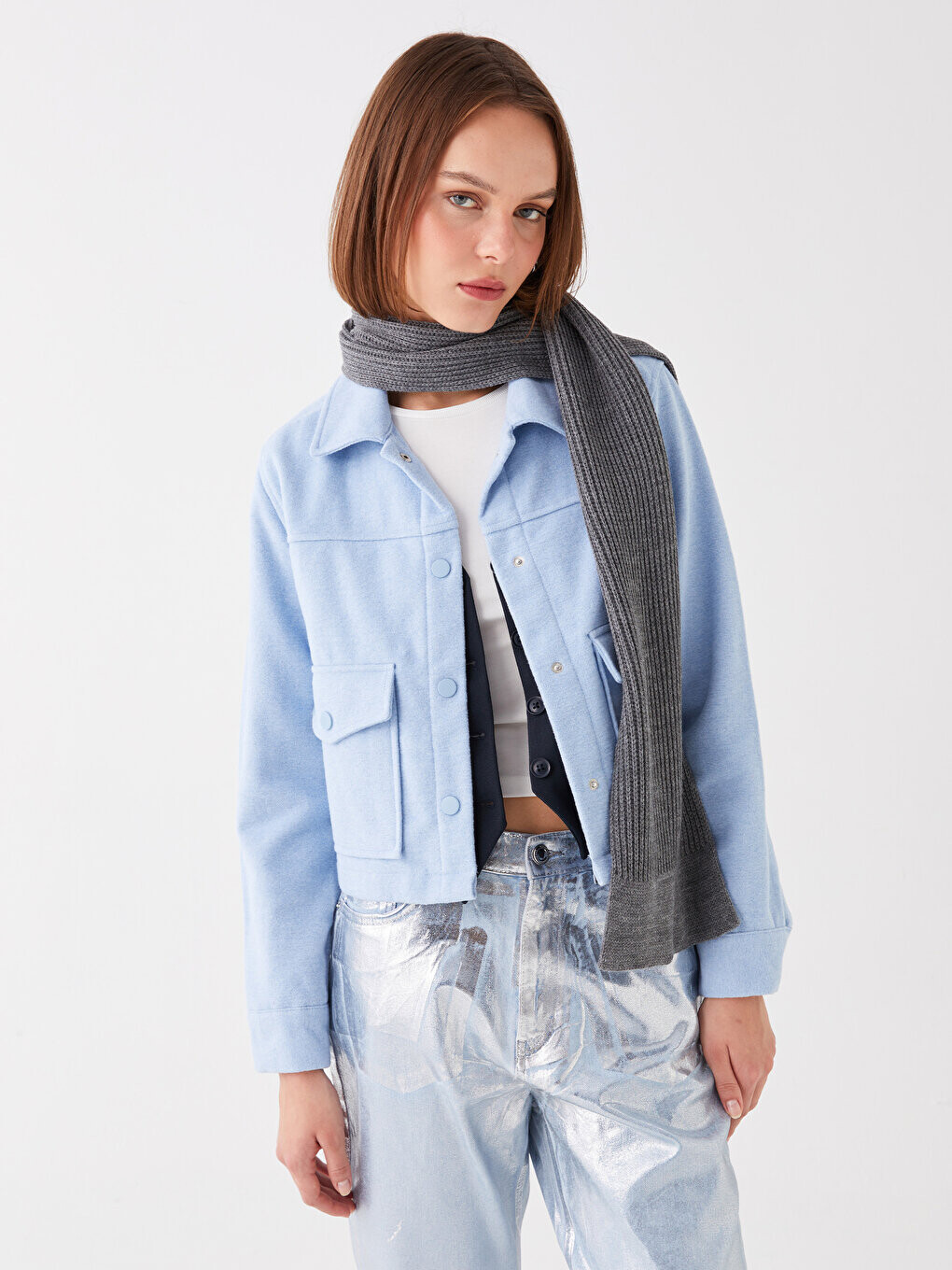 

Однотонная женская куртка-рубашка с длинным рукавом LCW Casual, синий