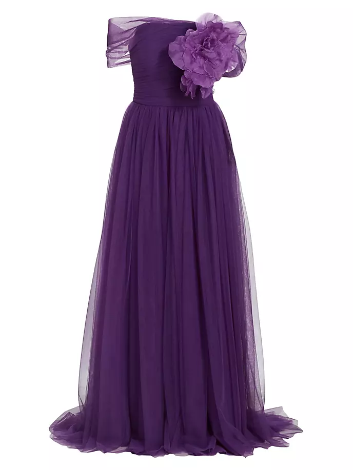 Платье с открытыми плечами из тюля и аппликаций Pamella Roland, цвет amethyst