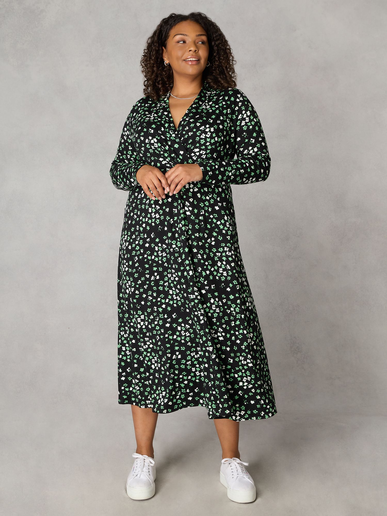 Платье миди с принтом Ditsy Live Unlimited, зеленый/мульти женское плиссированное платье средней длины элегантное однотонное платье большого размера с глубоким v образным вырезом оборками и рукав