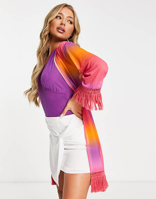 

Пляжное сетчатое кимоно с кисточками ASOS DESIGN с принтом омбре