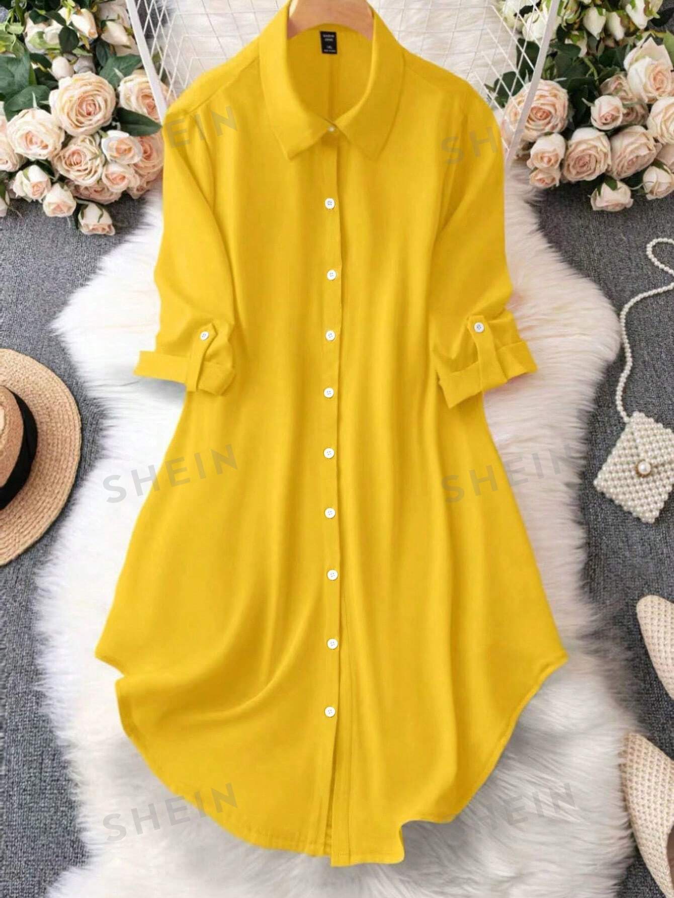 SHEIN LUNE Женское платье с принтом и пуговицами спереди, желтый