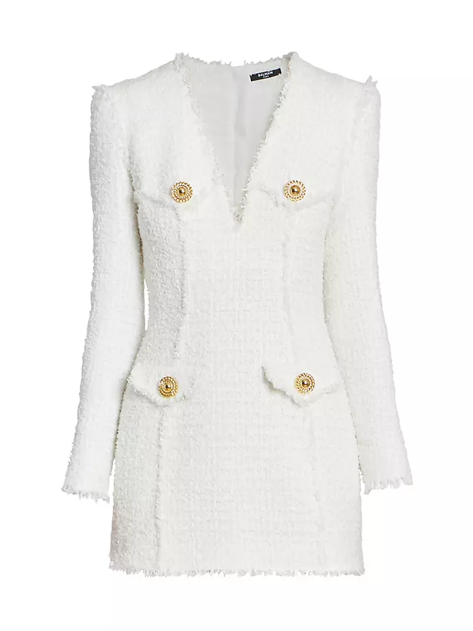 цена Твидовое мини-платье-футляр с V-образным вырезом Balmain, белый