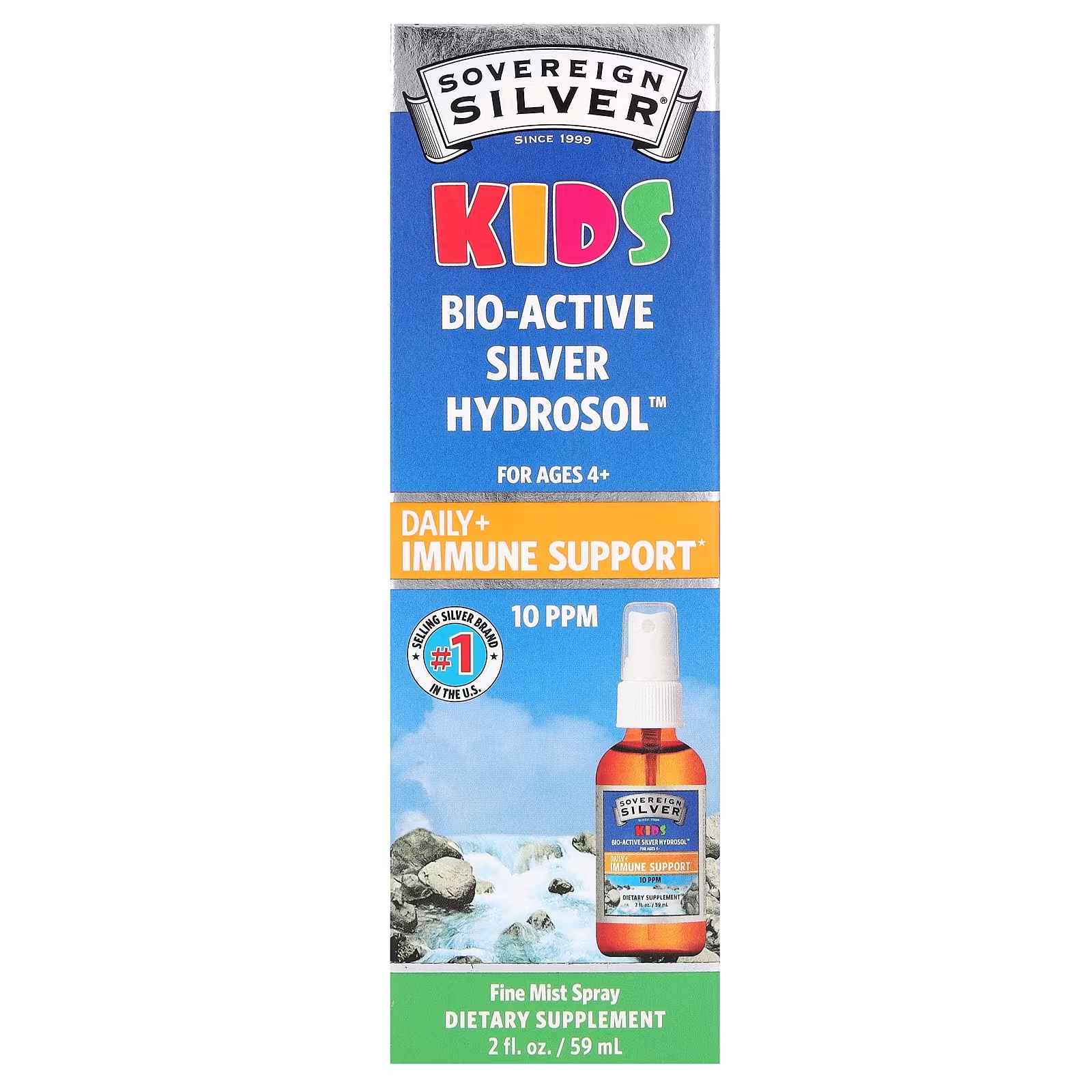 Sovereign Silver Kids Биоактивный гидрозоль серебра для ежедневного использования + спрей для поддержки иммунитета для детей от 4 лет 12 мкг 2 жидких унции (59 мл) (10 частей на миллион на 1,2 мл) sovereign silver биоактивный гидрозоль серебра для детей ежедневный спрей для иммунной поддержки для детей от 4 лет 10 част млн 59 мл 2 жидк унции
