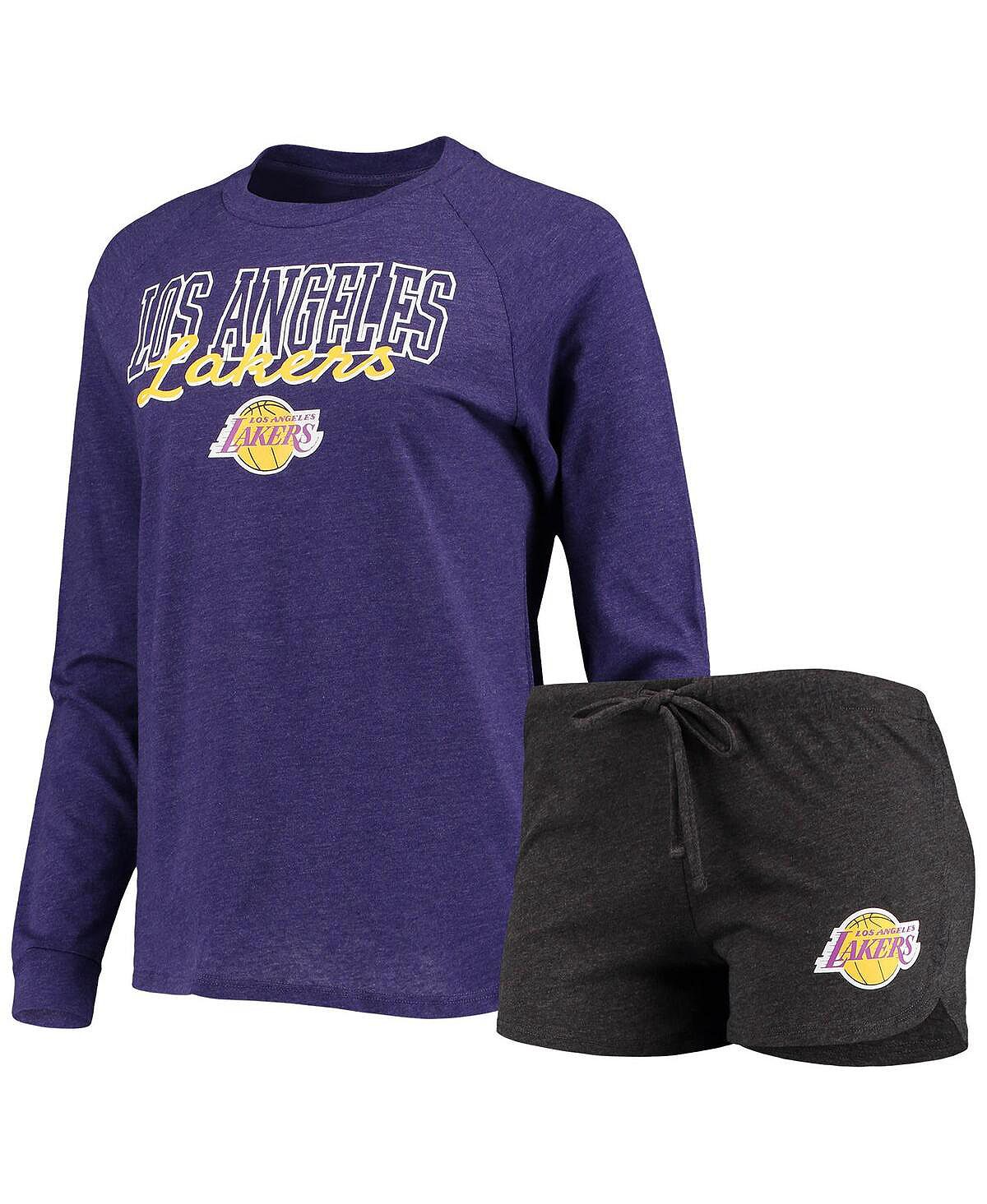 цена Женский комплект для сна с футболкой с длинными рукавами и шортами реглан с рисунком Los Angeles Lakers черного и фиолетового цвета с рисунком Heathered Concepts Sport