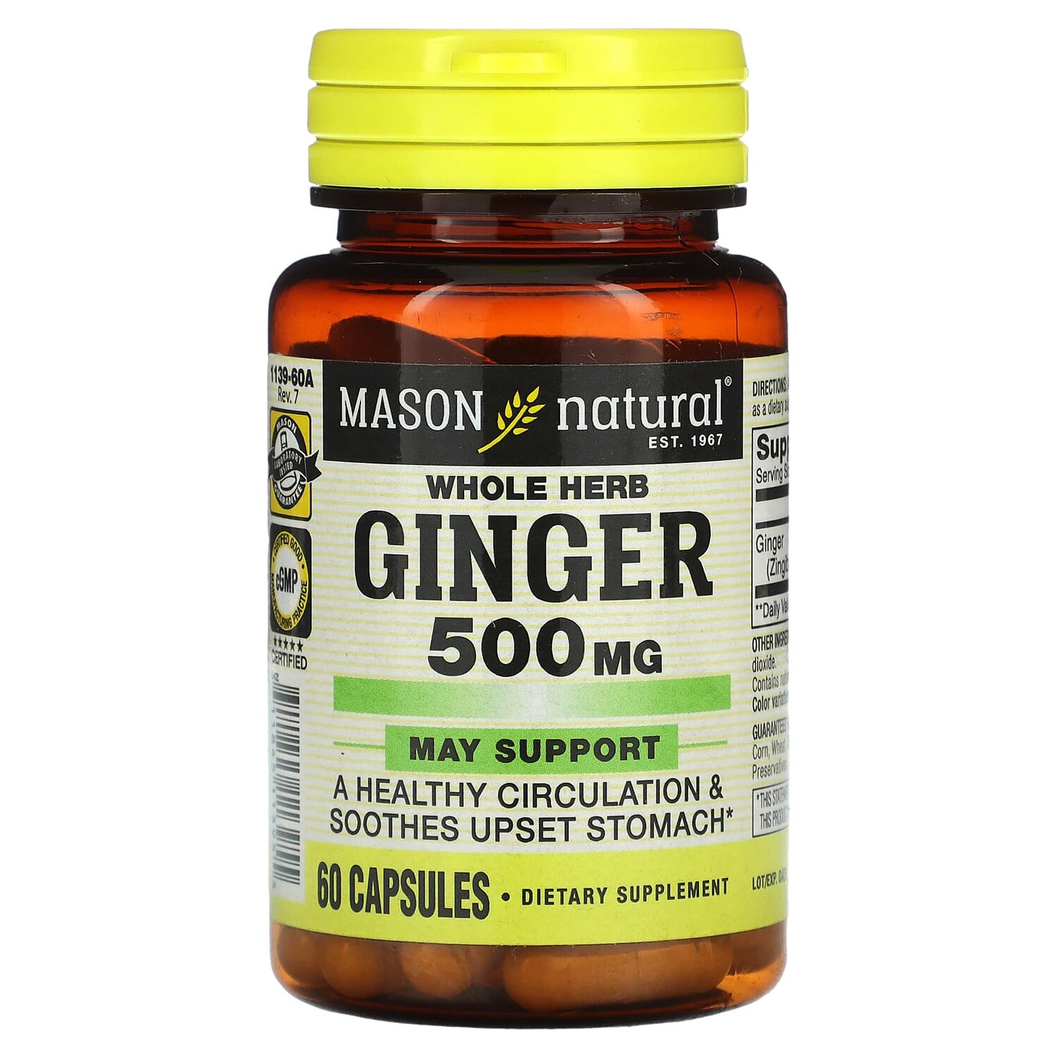

Имбирь, цельные травы, 500 мг, 60 капсул, Mason Natural