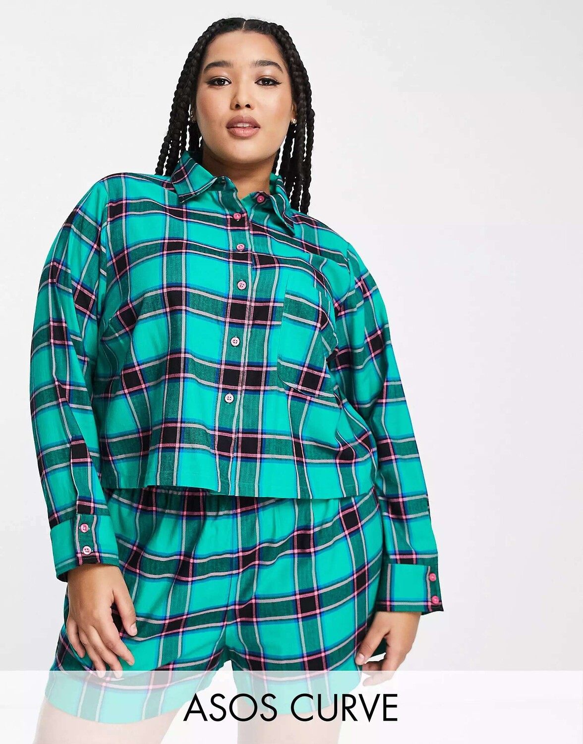 

Зеленый комплект из тканой рубашки в клетку и короткой пижамы ASOS DESIGN Curve