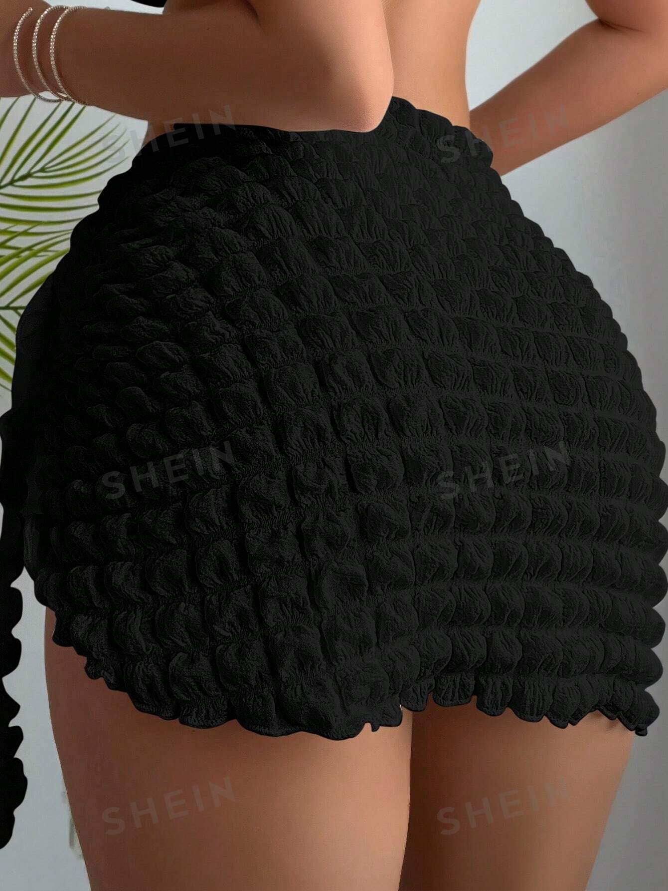 цена SHEIN Swim Vcay Женская однотонная текстурированная рубашка с завязками спереди, черный