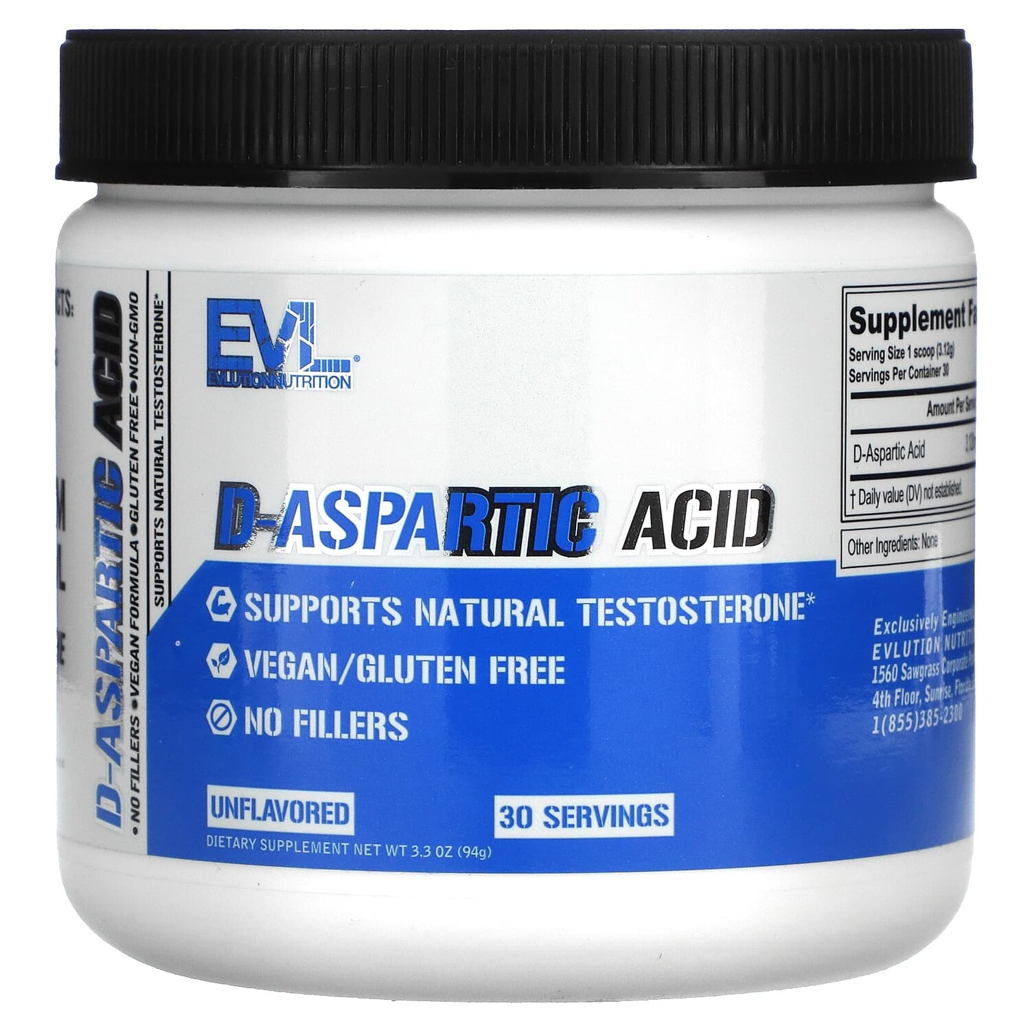 

D-Aspartic Acid, Unflavored, 3.3 oz (94 g), EVLution Nutrition