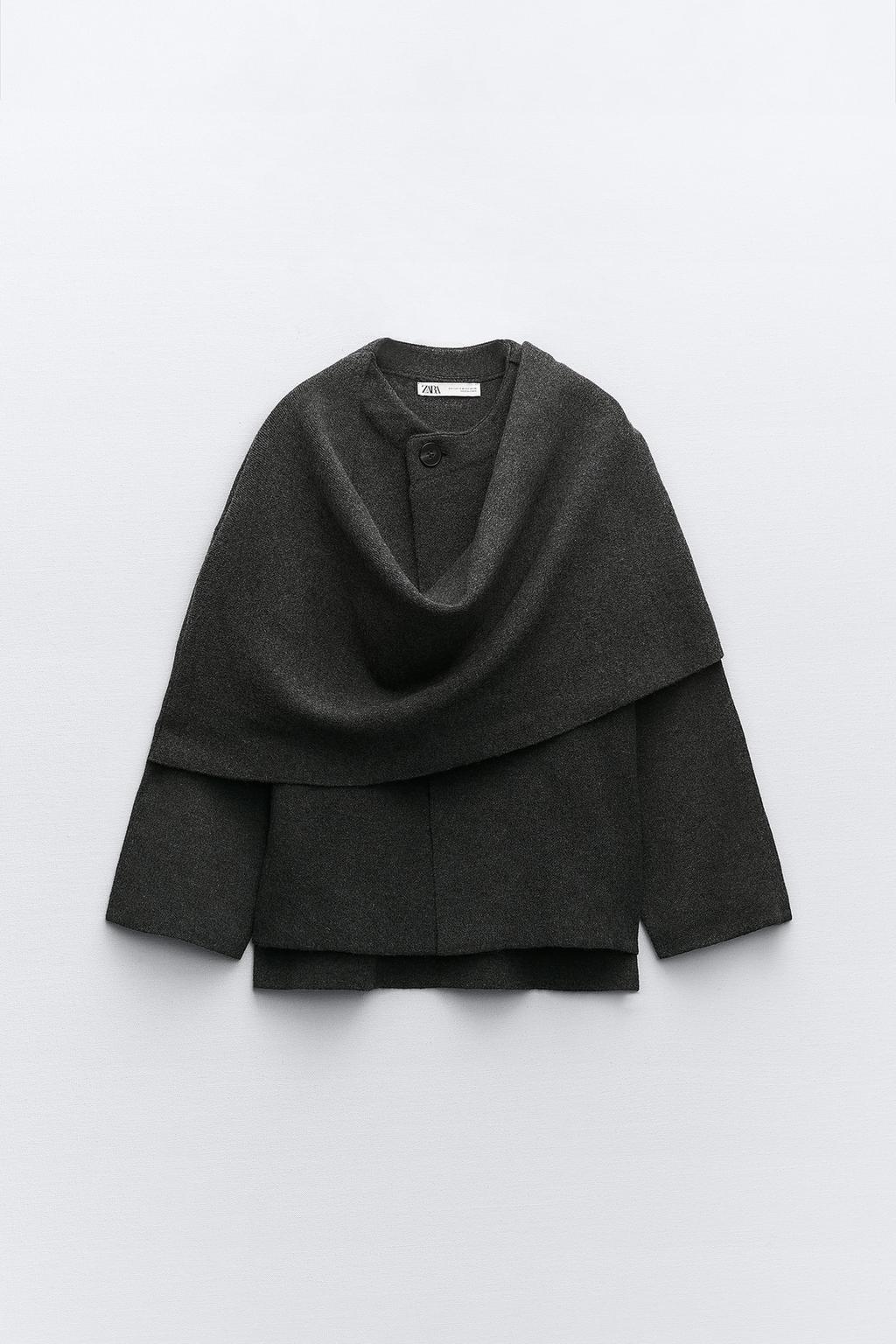 цена Короткое трикотажное пальто с асимметричным шарфом ZARA, серый