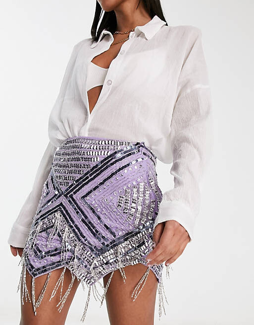 

Фиолетовая мини-юбка с бисером и бахромой ASOS DESIGN